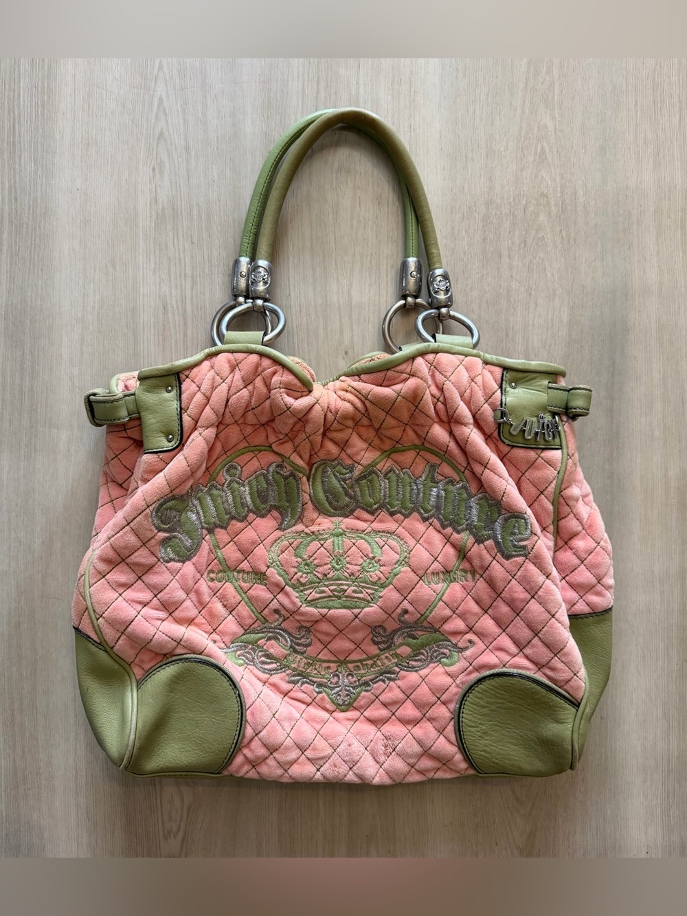 Vintage JUICY COUTURE Quilted Velour Large Tote Pink / Green *See Pics